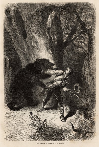 Kirjoittaja on Jacksonvillen ympärillä retken aikana yllättynyt metsässä kotikarhusta ja ketjusta. Kaiverrus havainnollistamaan tarinaa neljä kuukautta Floridassa, Achille Pousselgue vuosina 1851-1852, julkaistu "" Le tour du monde" -lehdessä 1870-1871, to tekijältä Unknown artist