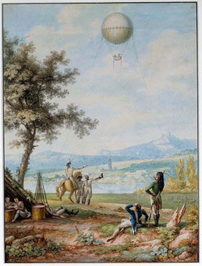 Mainzin saarto: linnoitusta ympäröi ensimmäisen koalition armeija 14.4.1793. Sotilaallisiin tarkoituksiin käytetty ilmapallo piiritetyssä tilassa kaupungin yläpuolella. 1700-luvun printti. Pariisi. Ilmailumuseo tekijältä Unknown artist