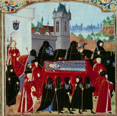 Edesmenneen kuningas Kaarle VI:n (1368-1422) ruumis viedään pois, kulkueen takana uusi kuningas Kaarle VII (1403-1461) 22.10.1422 pienoismalli käsikirjoituksesta "" Kaarle VII:n kronikat"" (Ms. . fr. 2691), kirjoittanut Jean Chartier tekijältä Unknown artist