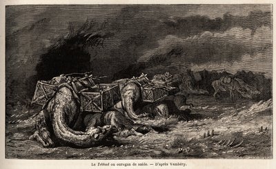 Hiekkamyrskyyn jäänyt kamelikaravaani kutsuu tebbadia. Emile Bayardin (1837-1891) piirustus havainnollistamaan matkaa Keski-Aasiaan vuonna 1863, Arminius Vamberyn (unkarilainen tiedemies naamioitunut dervishiin). Kaiverrus kirjassa "" Le tour du monde"", t tekijältä Unknown artist