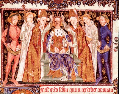 Kuninkaan kruunaus Luultavasti Englannin kuningas Richard II (1367-1400). Miniatyyri kruunausriittejä käsittelevästä käsikirjoituksesta "" Liber regalis"" 1300-luvun Pamplona, Navarran arkisto tekijältä Unknown artist