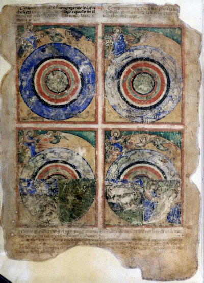 Maailman luominen. Genesis. Miniatyyrit Codex 212:sta (tai Padovano-koodista tai Padovan Raamatusta) 1390-1400 Rovigo, Accademia dei Concordi tekijältä Unknown artist