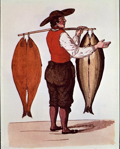 Pariisin huudot: kävelevä lohikauppias polttaa Elbeä. Nimetön 1800-luvun printti. Yksityinen kokoelma tekijältä Unknown artist