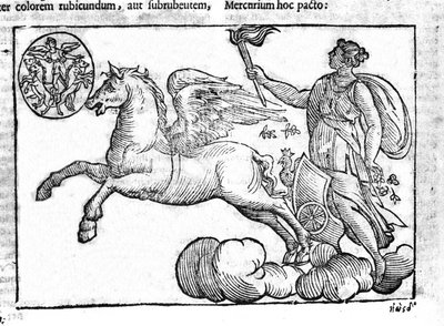 Aamunkoitto (auringon vaunut). Allegoria auringonnoususta kreikkalaisen ja roomalaisen mytologian hahmojen kanssa taivaalla. Kaiverrus Natalis Comitisin "Mytologiasta ja tarinoiden selityksistä". 1637. tekijältä Unknown artist