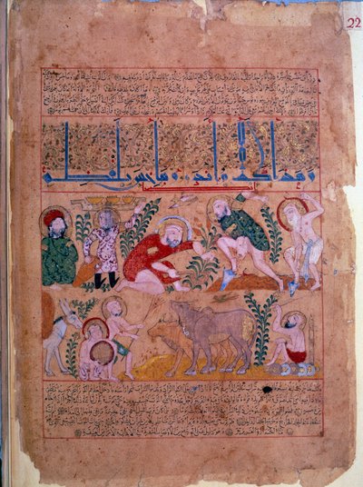 Lääkäri Andromakhos tarkkailee maataloustoimintaa Miniatyyri, joka on otettu "" Vastalääkekirjasta"" 1199 Paris, B.N. tekijältä Unknown artist