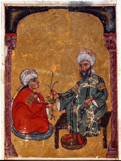 Lääkäri ja kasvitieteilijä Pedanius Dioscoride (Dioscorides) (40-90 jKr.) selitti yhdelle opiskelijoilleen miniatyyrikasvien hyveitä hänen tutkielmansa "De materia medica" (Fol. 2 verso) Irakista. 1229 Topkapi Sarayi -museon kirjasto, Istanbul tekijältä Unknown artist