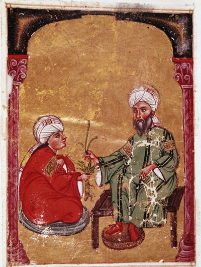 Lääkäri ja kasvitieteilijä Pedanius Dioscoride (Pedanius Dioscorides) (40-90 jKr.) istumassa yhden oppilaansa kanssa Miniatyyri hänen tutkielmansa "De materia medica" (ms Ahmed III, 2147, folio 217a) 1229 Topkapi Sarayi Museum Library, Istanbul tekijältä Unknown artist
