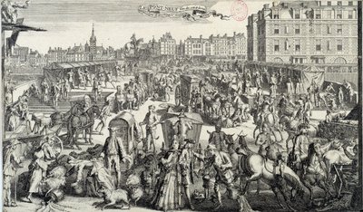 Pont Neufin hämmennys Pariisissa. Kuva liikenteestä ja ruuhista Pariisin kaduilla 1700-luvulla. Kaiverrus vuodelta 1710. Paris, Musee Carnavalet tekijältä Unknown artist