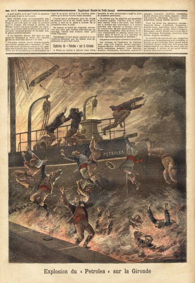 Öljyä kuljettavan englantilaisen "Petrolean" räjähdys Blayessa Gironden varrella. Kaiverrus "" Le petit Journal" -julkaisussa 4/06/1892. Selvan kokoelma. tekijältä Unknown artist