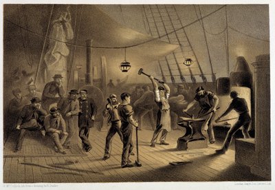 Takomo kannella. Elokuun 9. päivän yö valmistelee pinnoitusta kapstanille - W. H. Russelin "The Atlantic telegraph" -julkaisussa, n. 1860 tekijältä Unknown artist