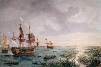 Ranskalainen tutkimusmatkailija Rene Robert Cavelier Sieur de LaSalle löytää Louisianan vuonna 1684 (kaiverrus tekijältä Unknown artist