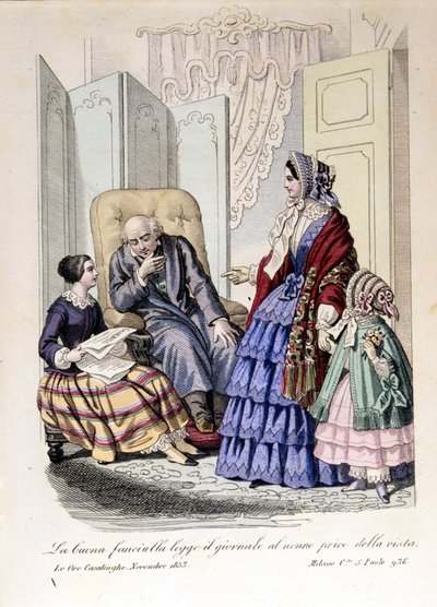 Tyttö lukee lehteä isoisälleen, joka on menettänyt näkönsä. Teoksesta "The ore casalinghe", marraskuu 1853. tekijältä Unknown artist