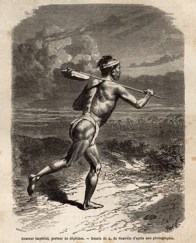 Keisarillinen juoksija kantaen Mikado-depechesia. Kaiverrus havainnollistamaan matkaa Japaniin vuosina 1863-1864, Sveitsin valaliiton ministeri Aime Humbert Edouan johdolla julkaistussa "" Le tour du monde, nouveau journal des voyages" -julkaisussa. tekijältä Unknown artist