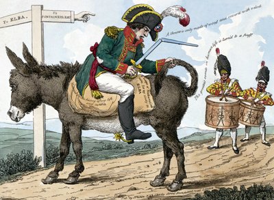 Modernin sankarin matka Elban saarelle. Modernin sankarin matka Elban saarelle. Tämä sarjakuva näyttää Napoleon Bonaparten istuvan aasin selässä tiellä Fontainebleausta Elban saarelle; hän pitää miekkakoteloa toisessa kädessään ja tekijältä Unknown artist
