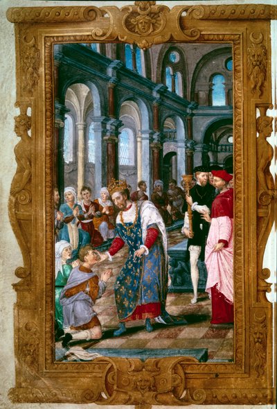 Kuningas koskettaa, Jumala kuulee sinua kuningas Henrik II (1519-1559), thaumaturge, ecrouelles-soturit Saint Marcoulin luostarissa juuri Reimsin kruunajaiseremonian jälkeen. Hänen lähellään Reimsin kaari. Miniatyyri teoksesta "Henry II:n tunnit" 154 tekijältä Unknown artist