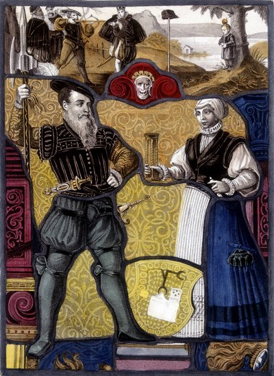 Guillaume Tellin legenda. (William Tell) Kaiverrus sveitsiläisestä lasimaalauksesta, 1500-luvun loppu. tekijältä Unknown artist