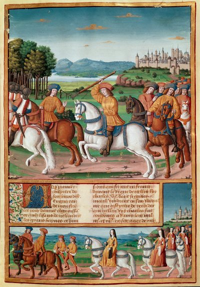 Kaarle VI:n (1368-1422) hulluus. 5. elokuuta 1392 Le Mansin metsässä hän alkoi kokea raivoisan hulluuden hyökkäyksiä: petoksesta huutaen hän hyökkäsi oman ryhmänsä kimppuun ja tappoi neljä miniatyyriä Chronicles de Enguerrand de Mo:sta. tekijältä Unknown artist
