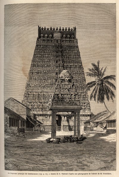 Rama a Combaronumin temppelin päägopurami, joka koostuu 11 kerroksesta ja jonka päällä on 11 palloa, tämän pyramidin muotoisen tornin eri pinnat ovat kokonaan patsaiden peitossa. Kaiverrus havainnollistaa matkaa Intian meridionaalisiin provinsseihin, kirjo tekijältä Unknown artist