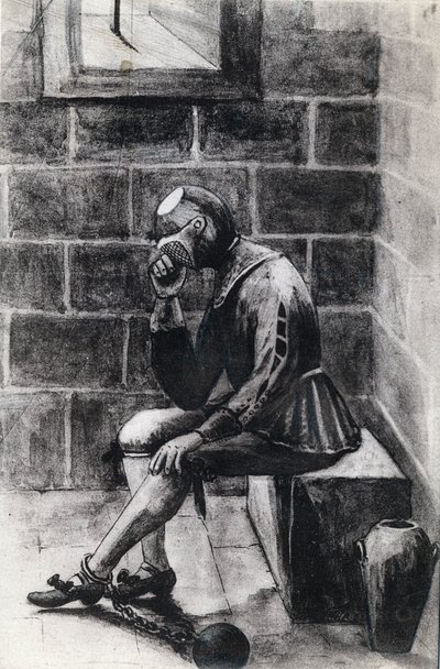 Mies, jolla on rauta maski, on valtiovanki internoituna Pyhän Isle Margaritan vankilaan. tekijältä Unknown artist