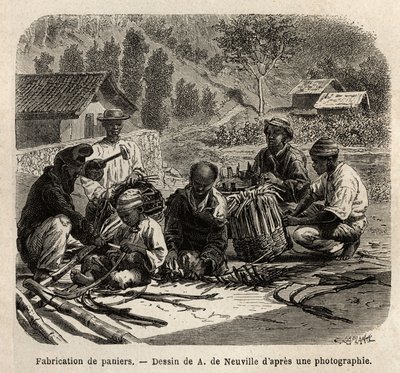 Palmulehtikorien valmistus kahvin keräämiseen. Kaiverrus havainnollistamaan matkaa Brasiliaan, M. ja Mme Agassizin tarina vuosina 1865-1866, julkaistu "Le tour du monde, nouveau journal des voyages" -lehdessä Edouard Charton johdolla. tekijältä Unknown artist