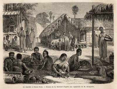 Phnom Penhin markkinat, joilla malesialaiset kauppiaat ja kiinalaiset kauppiaat tarjoavat laajan valikoiman kuluttaja- ja valmistustuotteita. Kaiverrus havainnollistamaan tutkimusmatkaa Indokiinassa, Francis Garnierin, luutnantti de Vaissseaun, vuosina 186 tekijältä Unknown artist
