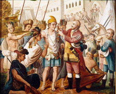 Hernan (tai Hernando) Cortesin tai Fernand Cortezin (1485-1547) ja atsteekkien kuninkaan Montezuman (tai Moctezuma: 1466 - 1520) tapaaminen marraskuussa 1519 Anonyymi maalaus 1800-luvulta. Amerikan museo, Madrid. tekijältä Unknown artist