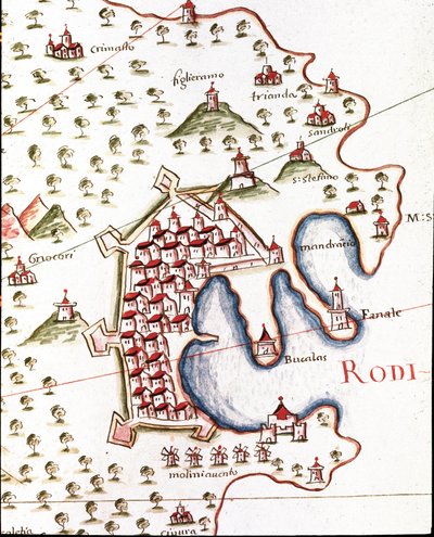 Rodoksen satama Kreikassa (Castellinin portulanin yksityiskohta tekijältä Unknown artist