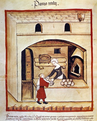 Leivän valmistus hirssillä. Valaistus lääketieteen ja dietetiikan lypsystä "" Tacuinum sanitatis"" tekijältä Unknown artist