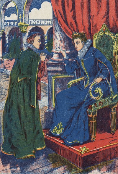 Prinsessa neuvottelee kummiäitinsä kanssa. Ranskalaisen kirjailijan Charles Perraultin (1628-1703) anonyymi kuvitus "" Aasinnahka" -tarinaan. Kuva Marcel Vagne, Jarville Nancy, päivätty (1800-luvun loppu). tekijältä Unknown artist
