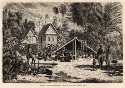 Keramiikkatuotanto Saniabouryssa (Laos). Kaiverrus havainnollistamaan tutkimusmatkaa Indokiinassa, luutnantti de Vaissseau Francis Garnier, vuosina 1866-1868, julkaistu "" Le tour du monde""" 1870-1871, toimittanut Edouard Charton, painos Hac tekijältä Unknown artist