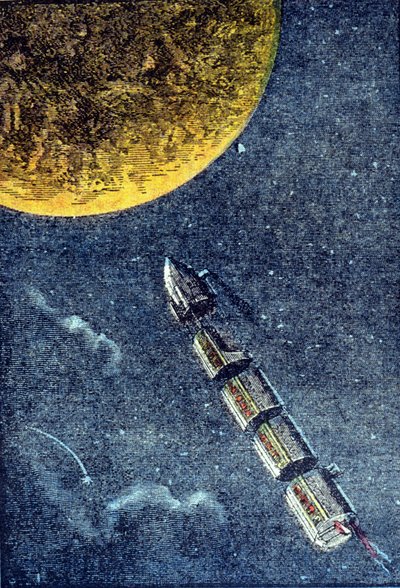 Raketti laukaistiin avaruuteen saapuessaan kuuhun - grav. Jules Vernen teoksessa "Maasta kuuhun". tekijältä Unknown artist