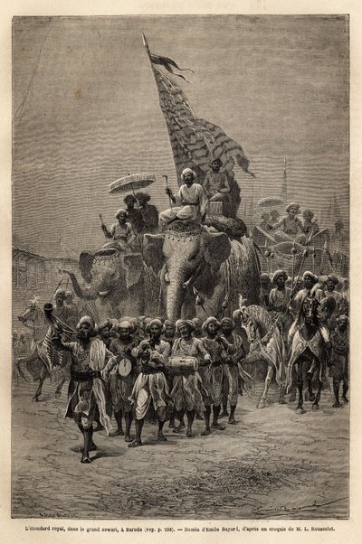 Kuninkaallinen lippu sowarissa (sotilaallinen kulkue) Barodassa (tai Vadodarassa), Gujaratin osavaltiossa Intian koillisrannikolla. Kaiverrus havainnollistamaan rajahien matkaa Intiassa, Louis Rousselet, vuosina 1864-1868, julkaistu "" Le tour du monde -le tekijältä Unknown artist