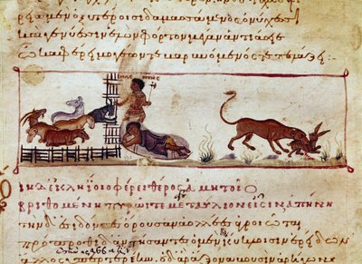 Lammaskasvatusta, oikealla jänistä, syö kääpiöpeto, joka on otettu Caracallalle omistetun Syyrian Oppianin (Oppian tai Oppianus) metsästyslypsystä ""The Cynegetics". 1000-luvun Venetsia. Biblioteca Marciana tekijältä Unknown artist