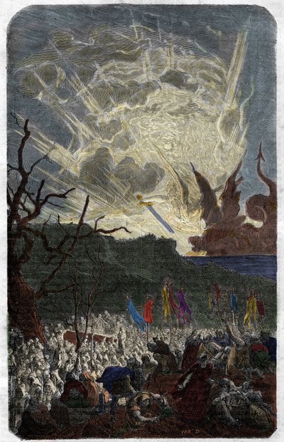 Tuhannen vuoden (1000) taikausko (pelko): maailmanloppu. Maurice Lachatren kaiverrus "Histoire des Papes-Rois-Queen and Empereurs a travers les centuries" tekijältä Unknown artist