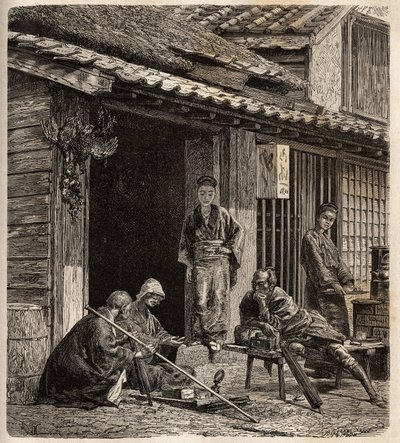 Kylämajatalon kynnyksellä Japanissa emännät toimivat isäntänä tavallisille vierailleen. Kaiverrus havainnollistamaan matkaa Japaniin vuosina 1863-1864, Sveitsin valaliiton ministeri Aime Humbert julkaisussa "Le tour du monde, nouveau journal des vo tekijältä Unknown artist