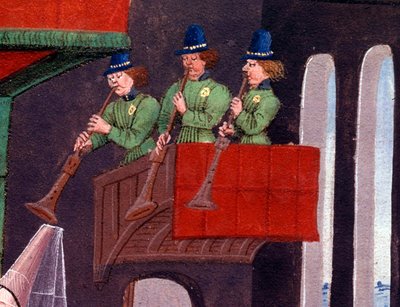 Gasconyn kuninkaan Yvonin ja trumpetinsoittimia edustavan Renaud Detailin tyttären Clarissen hääjuhla. Miniatyyri Loyset Liedetin käsikirjoituksesta "Renaud de Montauban" tai "Les quatre fils Aymon" (toimii vuosina 1448-1478). Ms 5073. tekijältä Unknown artist