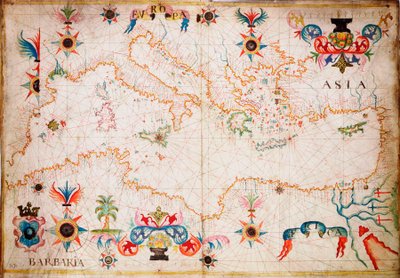 Tämäntyyppinen varhainen pergamenttinen merikartta on peräisin Välimereltä 1200-luvulta., noin 1610 (käsikirjoitus). tekijältä Unknown artist
