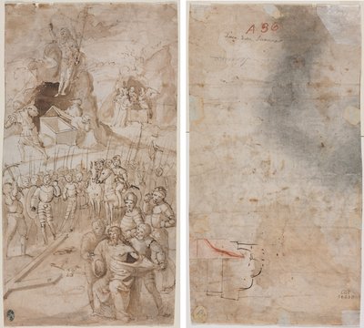 Kolme kohtausta Kristuksen kärsimyksestä (recto) Arkkitehtoninen luonnos (verso) tekijältä Unknown artist