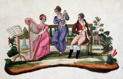 Kolme ihmistä soittamassa soittimia puutarhassa: harppu, lyyra, alttoviulu. Etsaus sd. 1700-luvulta. tekijältä Unknown artist