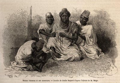 Tierno Ousman, Toucouleur-heimoon kuuluva, Guemmou Kouran (Mali) kylän päällikkö, pitelee muslimirukousta isoilla jyväillä, lausuen rukouksiaan, samalla kun hänen hierojansa hierovat hänen selkää ja jalkojaan. Kaiverrus havainnollistamaan Lieuten matkaa Lä tekijältä Unknown artist