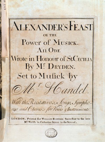 G. F. Händelin Aleksanterin juhlan musiikkipartituurin nimisivu tekijältä Unknown artist