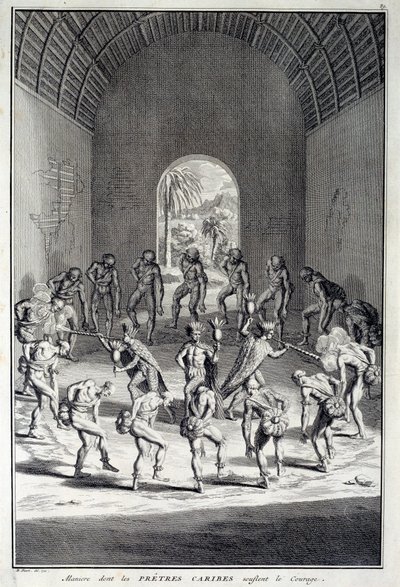 Perinteinen tanssi: Rites in the karibs dance of courage, Länsi-Intia (Keski-Amerikka). Kaiverrus 1700-luvulta. Chartres, Kuvataidemuseo tekijältä Unknown artist