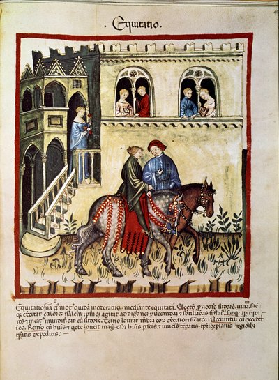 Hoitaa lääkettä: "" ratsastuksen edut"" Sivu otettu julkaisusta "" Tacuinum sanitatis"" (Cod. ser. nov. 2644) Noin 1400 Wien, Osterreichische Nationalbibliothek tekijältä Unknown artist