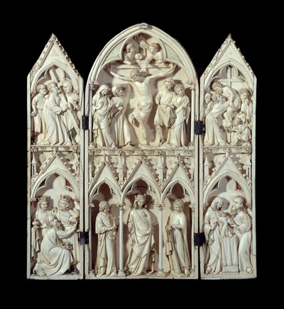 Saint-Sulpice du Tarnin triptyykki: Ristin kantaminen, Ristiinnaulitseminen, Ristin laskeutuminen, Tiedemiesten palvonta, Loistava Neitsyt, Esittely temppelissä. Kaiverretut norsunluunhohtoiset sukat. Noin 1300 Pariisi, Keskiajan kansallismuseo, Thermes d tekijältä Unknown artist