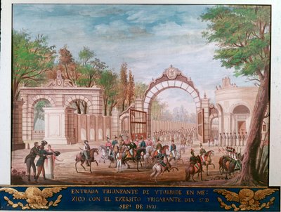 Agustin Iturbiden (1783-1824), itsenäisen Meksikon ensimmäisen keisarin, voitonsisäänkäynti Mexico Cityssä 7.9.1821 (Vapaan Meksikon ensimmäisen keisarin Agustin Iturbiden voittosisääntulo Mexico Cityssä, 7. syyskuuta tekijältä Unknown artist