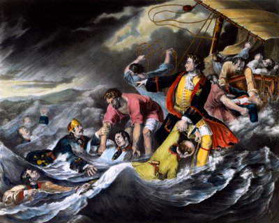 Tsaari Pietari I Suuri (1672-1725) pelastaa sotilaita hukkumiselta myrskyn aikana. Nimetön painos noin 1724. Pietari. Eremitaasin kirjasto tekijältä Unknown artist