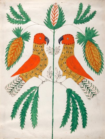 Kaksi punaista ja keltaista papukaijaa vastakkain (vihreät lehdet) tekijältä Unknown artist