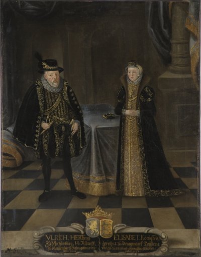 Ulrich III de Mecklembourg Gustrow et Elisabeth de Danemark - Muotokuva Ulrich III:sta (1527-1603), Mecklenburgin herttuasta ja Elisabetista Tanskasta (1524-1586), Mecklenburgin herttuattaresta, Anonymous . Öljy kankaalle. Mitat: 101x79 cm. Tukholman kansa tekijältä Unknown artist
