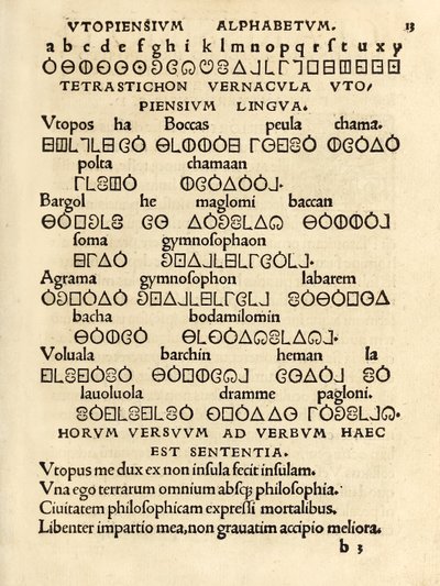 Utopiensium Alphabetum (Utopian aakkoset) Sir Thomas Moren (1478-1535) Utopian kolmannesta painoksesta vuodelta 1518. tekijältä Unknown artist
