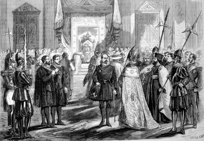 Vatikaanin kirkolliskokous I Rooma. Paavi puhuu kirkolliskokouksen isälle. 1869 tekijältä Unknown artist